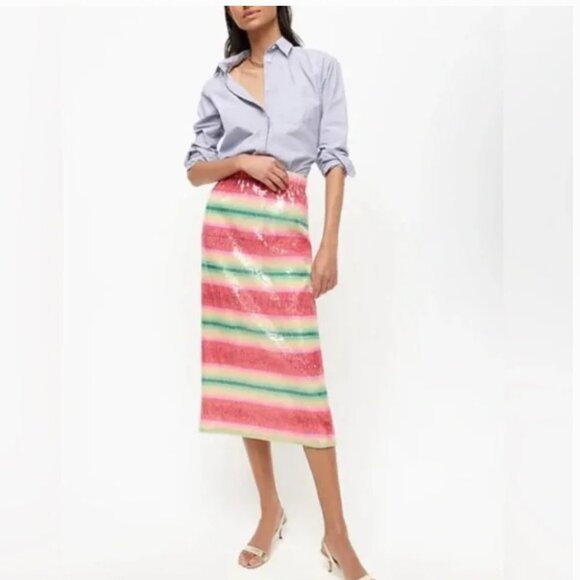 J CREW COLLECTION pink green striped sequin midi skirt